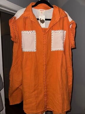 Peach Love California Orange Mini Dress with White Pocket Accents